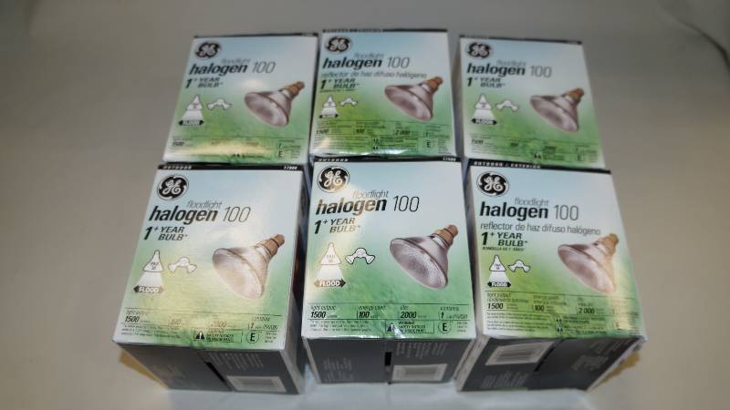 lot 318 image: Opened Case of 6 GE 100PARHFL25 100W 120 V Halogen Flood Lamps