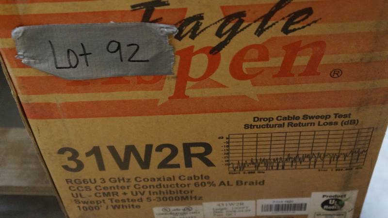 lot 92 image: NEW Unopened 1000 Spool of Eagle Aspen 31W2R RG6U 3 GHz Coaxial Cable White