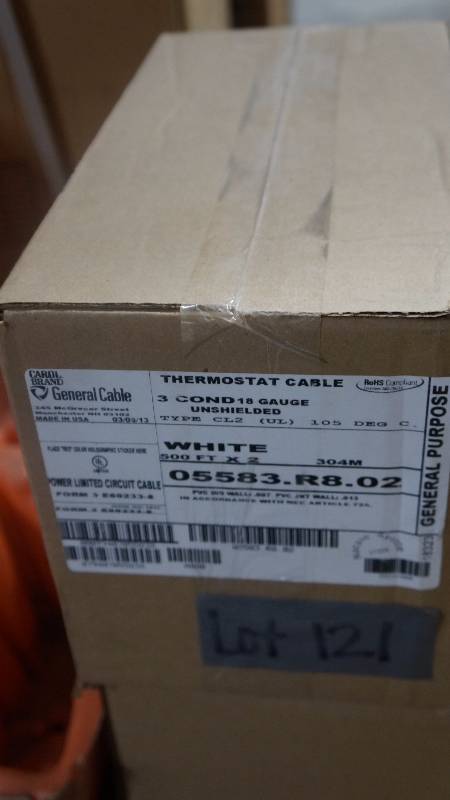 lot 121 image: NEW Sealed Box 1000 (500 x 2) Carol Brand General Cable 3 Cond 18 Guage Unshielded Type CL2 UL Thermostat Cable