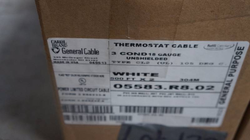lot 122 image: NEW Sealed Box 1000 (500 x 2) Carol Brand General Cable 3 Cond 18 Guage Unshielded Type CL2 UL Thermostat Cable