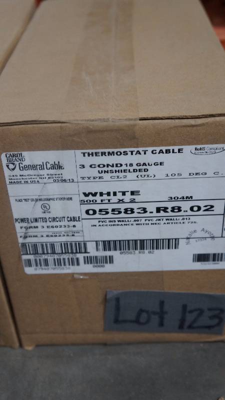 lot 123 image: NEW Sealed Box 1000 (500 x 2) Carol Brand General Cable 3 Cond 18 Guage Unshielded Type CL2 UL Thermostat Cable