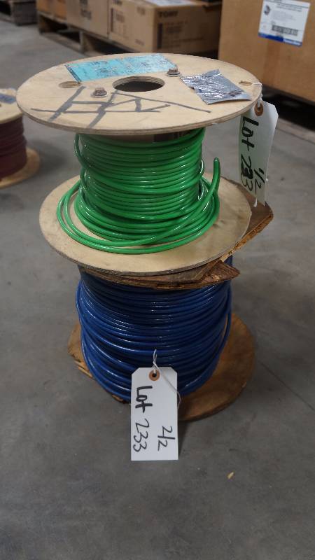 lot 233 image: 2 NEW Partial Spools of 8 AWG Green & Blue THHN or THWN-2 Strand Wire