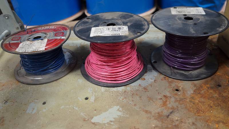 lot 238 image: Bulk Lot of NEW Partial Spools of ESSEX 16 AWG Machine Tool Wire, 1 Pink, 1 Purple & 1 Blue Carol 18 AWG Wire