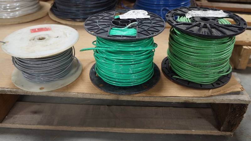 lot 239 image: Bulk Lot of NEW Partial Spools of Solid Cerrowire 12 AWG THHN or THWN-2 Wire - 2 Green & 1 Gray