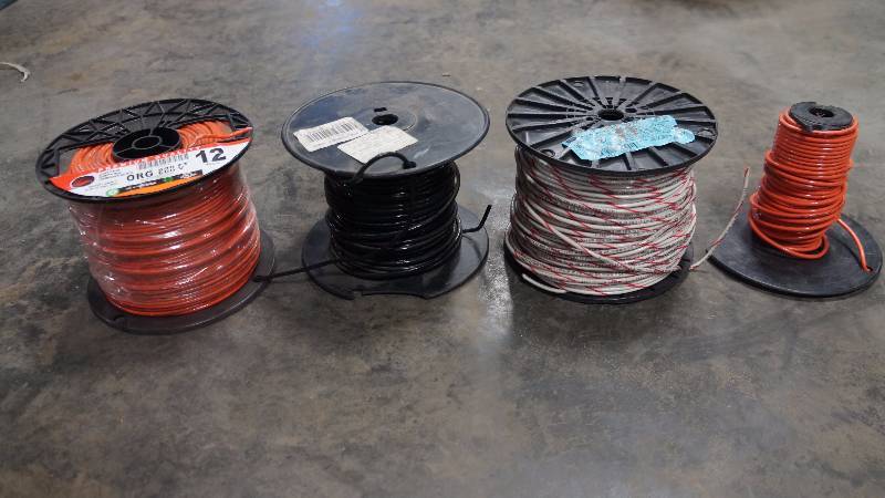 lot 240 image: Bulk Lot of NEW Partial Spools of 12 AWG Solid Wire - 2 Orange, 1 Black & 1 White