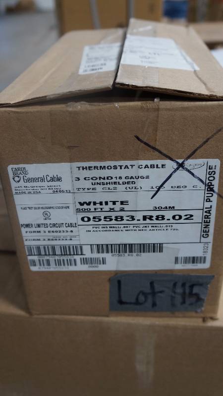 lot 115 image: NEW Sealed Box 500 Carol Brand General Cable 3 Cond 18 Guage Unshielded Type CL2 UL Thermostat Cable