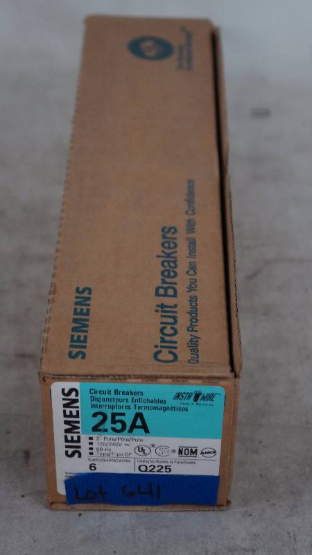 lot 641 image: Qty 6 NIB Siemens 25 Amp 2-Pole Q225 Circuit Breakers