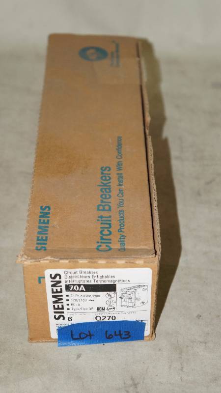 lot 643 image: Qty 6 NIB Siemens 70 Amp 2-Pole Q270 Circuit Breakers