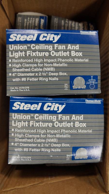 lot 425 image: Qty 12 NIB Thomas & Betts Steel City Union Ceiling Fan & Light Fixture Outlet Box