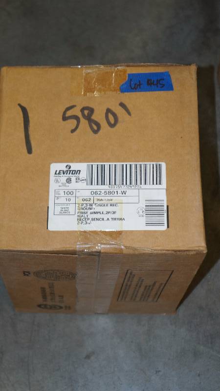 lot 445 image: Sealed NIB Leviton 2-Pole 3-Wire Single Receptacle Ground White - Qty 100
