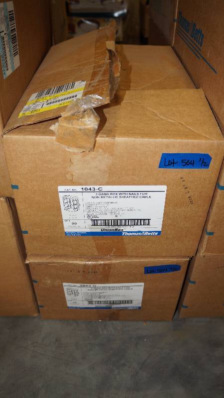lot 504 image: NIB Thomas & Betts UnionBox 3 Gang Box w Nails - Qty 20