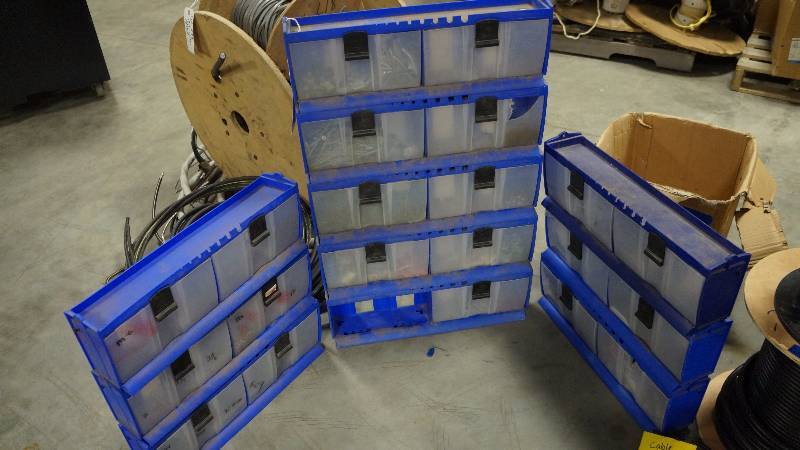 lot 572 image: Lot of 11 Double Bin Storage Containers with Contents