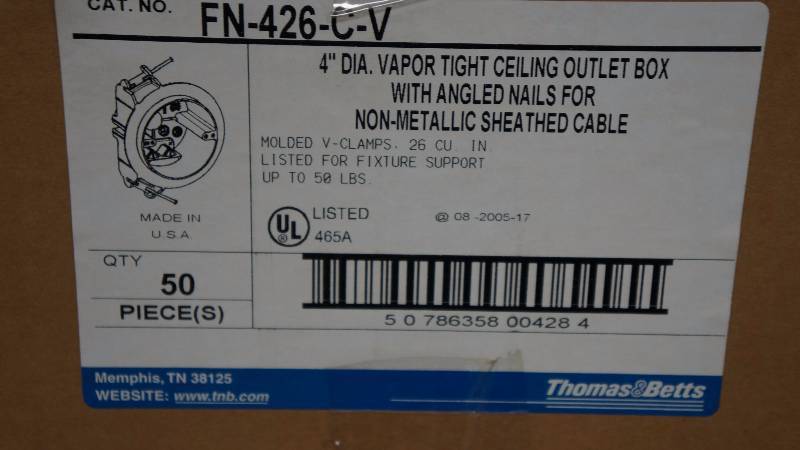 lot 485 image: Sealed NIB Thomas & Betts 4 Diameter Vapor Tight Ceiling Outlet Box w Angled Nails - Qty 50