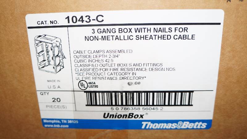 lot 502 image: Sealed NIB Thomas & Betts UnionBox 3 Gang Box w Nails - Qty 20