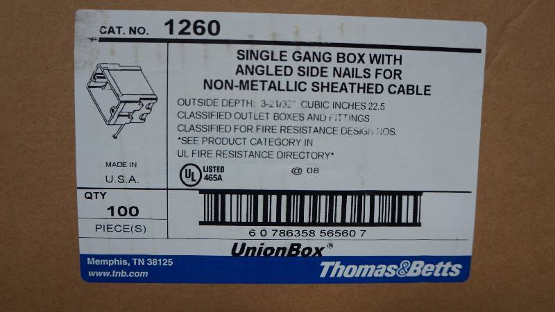 lot 520 image: Sealed NIB Thomas & Betts UnionBox Single Gang Box w Angled Side Nails - Qty 100