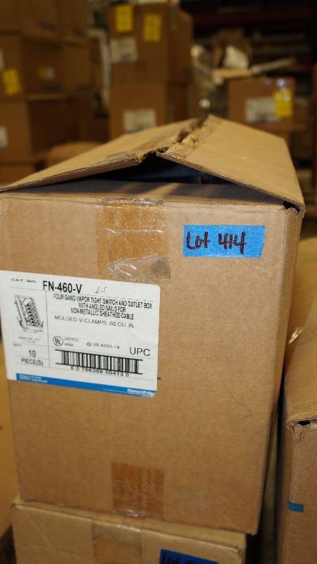 lot 414 image: Qty10 Sealed NIB Thomas & Betts Four Gang Vapor Tight Switch & Outlet Box w Angled Nails