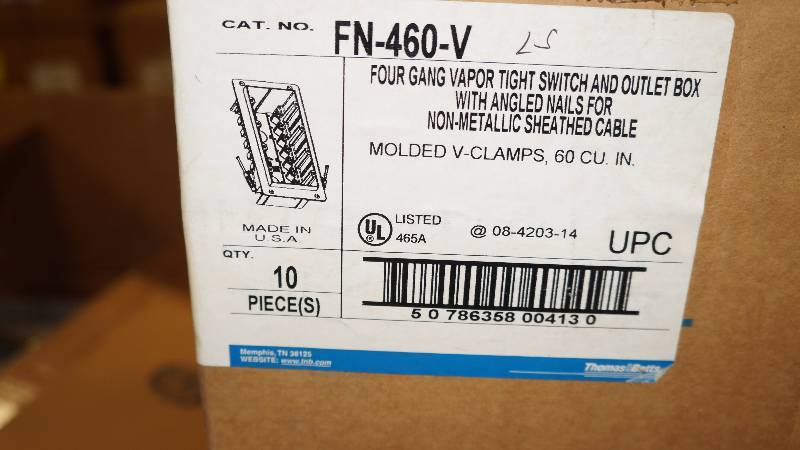 lot 415 image: Qty 10 Sealed NIB Thomas & Betts Four Gang Vapor Tight Switch & Outlet Box w Angled Nails