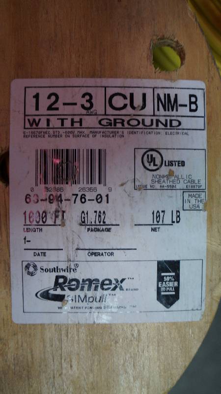 lot 21 image: NEW 1000 Spool of Southwire Romex SIMpull 12-3 AWG CU NM-B w Ground E18679FNEC Std 600 Volt NonMetallic Sheathed Cable