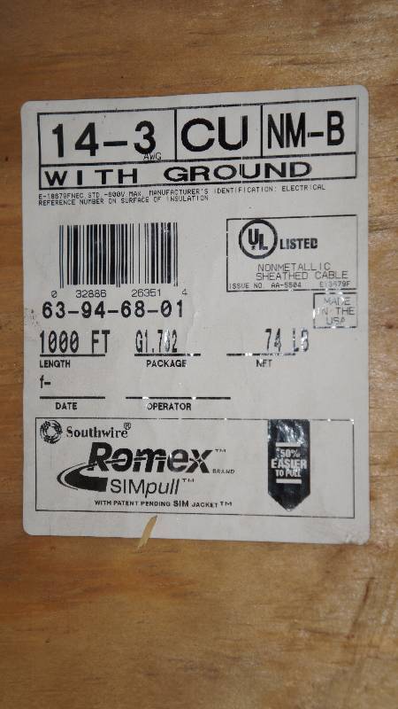 lot 33 image: NEW 1000 Spool of Southwire Romex SIMpull 14-3 CU NM-B w Ground E-18679FNEC 600 Volt NonMetallic Sheathed Cable