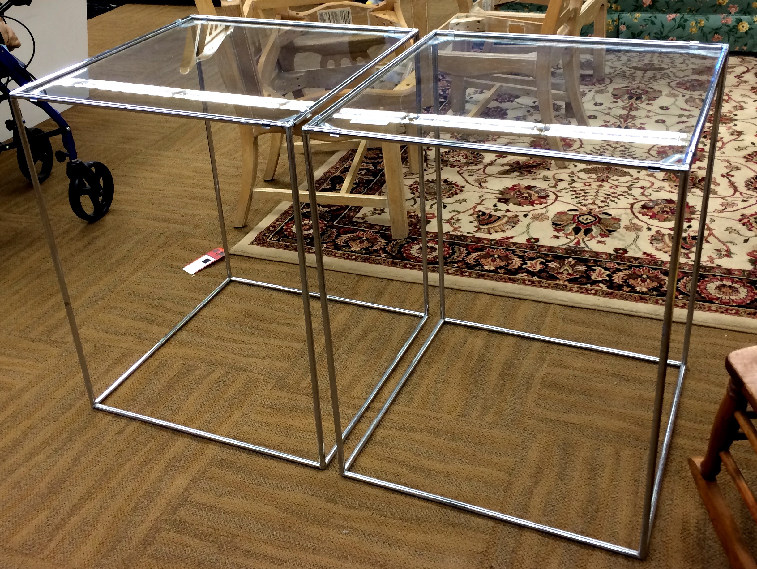 Pair Contemporary Wire & Glass Cube Tables - Great for Retail Display - Solid & Sturdy Yet Quickly Disassembled