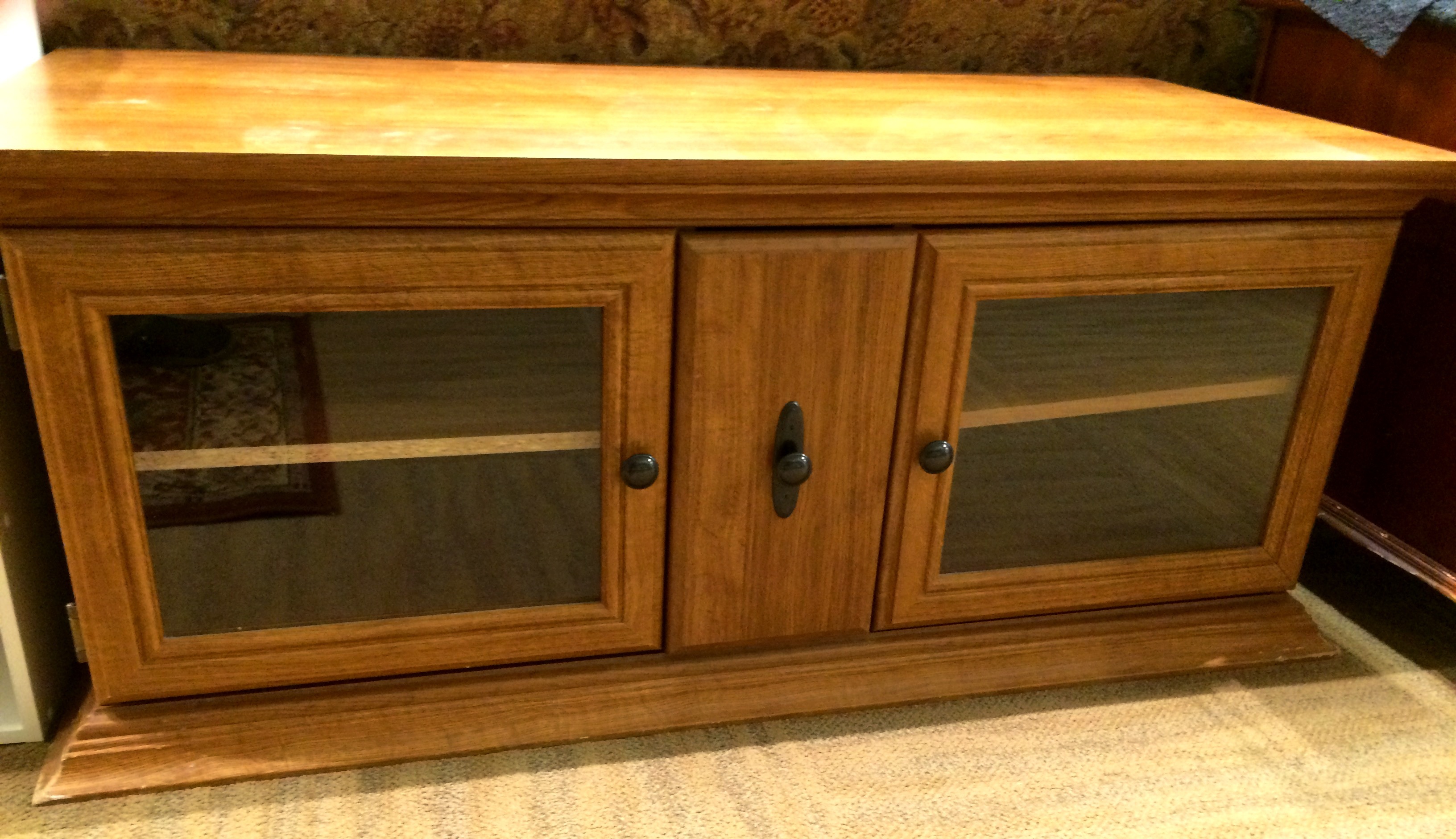 Arts & Crafts Style 48 Audio Video Stereo Console Cabinet with Glass Doors & Middle Cubbie - Shabby This & Add Cushions - Gorgeous Bench