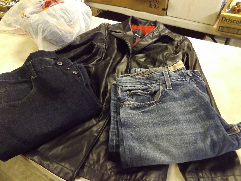 Womens Leather Look Jacket, 2 Pairs Jeans