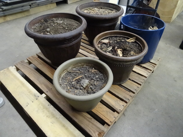 4 Plastic Flower Pots and 1 Ceramic