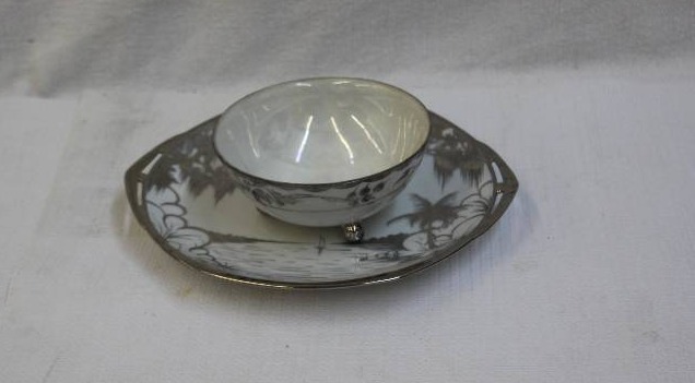 lot 27 image: Silver trimmed china plate and three-legged bowl