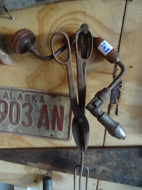 lot 245 image: Drill Brace, Fork, Tin Snips, Hand Saw