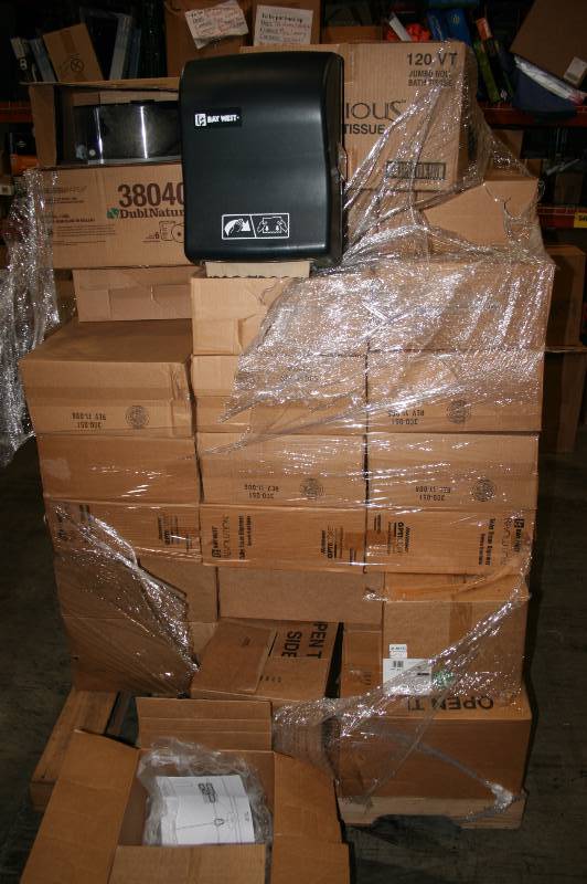 Pallet of paper supplies and dispensers