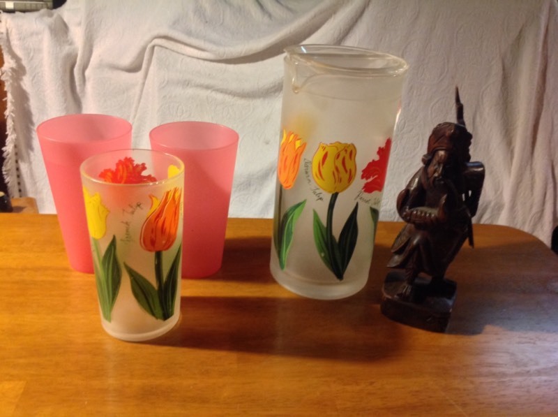 Pitcher & Glasses with Asian Carved Wood Figurine