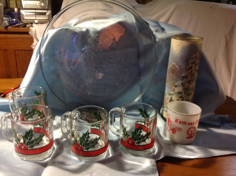 Vintage Tom & Jerry Cup, Holly Coffee Cups, Christmas Tree Cookie Platter & Christmas Candle