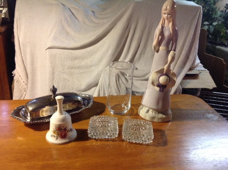 Girl with Hat Figurine, Silver Plate Butter Dish, Votive Candle Holders, Bell