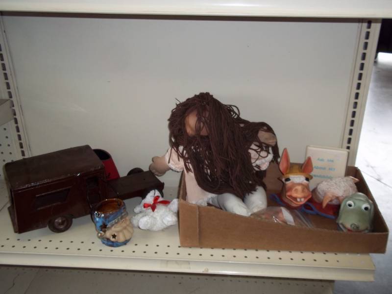 lot 81 image: Misc Lot of Kids Items including a doll, hand puppets, truck trailer, etc