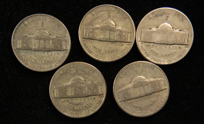 GROUP OF 5 SILVER WAR NICKELS IN AVERAGE CONDITION