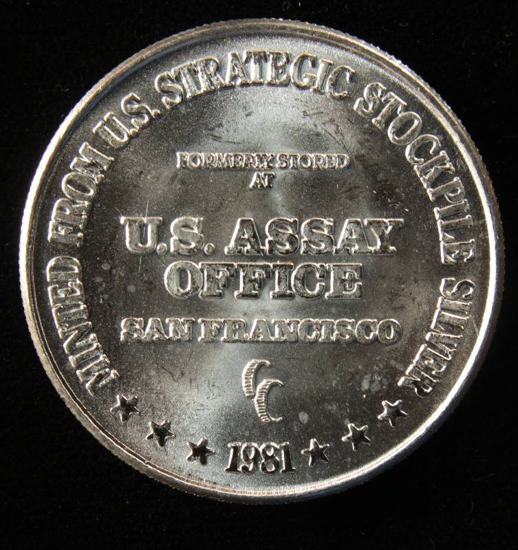 PRE AMERICAN SILVER EAGLE 1 TROY OZ. .999 FINE SILVER ROUND MINTED FROM STRATEGIC STOCKPILE OF SILVER STORED AT US ASSAY OFFICE SAN FRANCISCO 1981