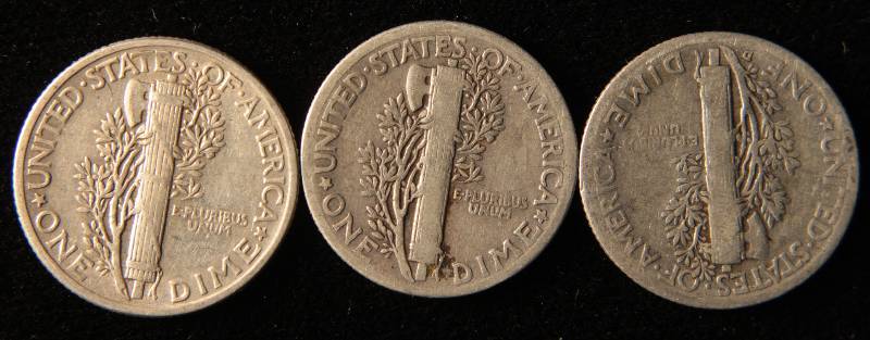 GROUP OF 3 SILVER MERCURY DIMES F-VF