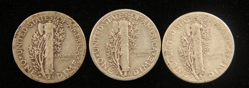 GROUP OF 3 SILVER MERCURY DIMES F-VF