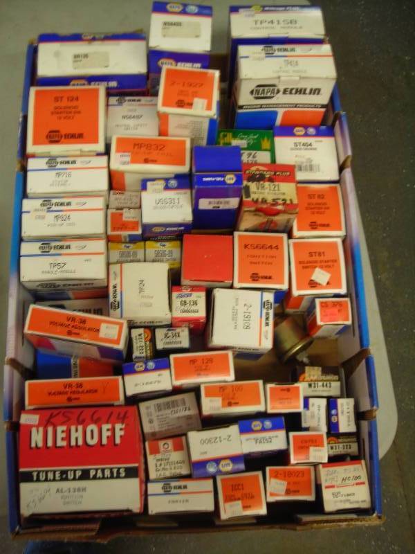 Box Lot Of Napa Sensors, Relays, Switches, Oil Pressure Switches, Pick- Up Coils (60 Plus)