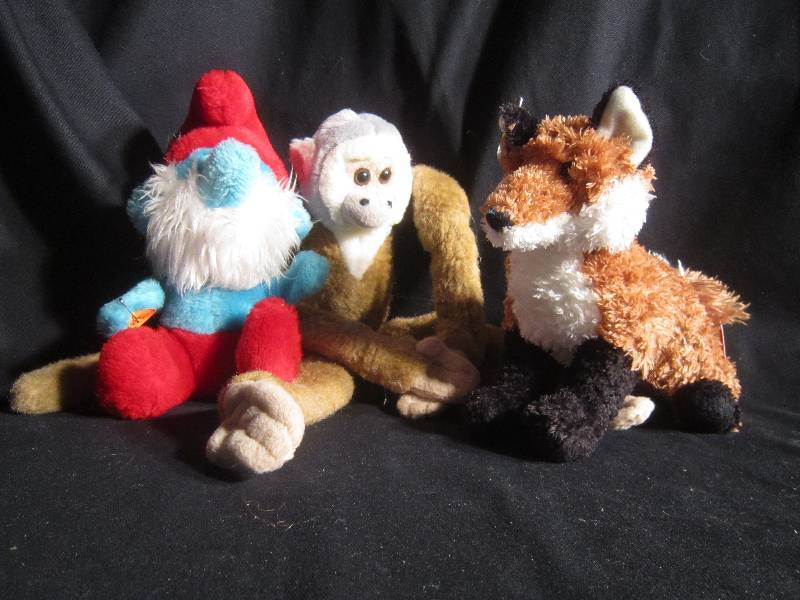 Stuffed Animals - Papa Smurf, Monkey, Douglas Fox