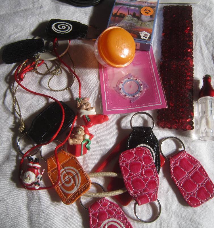 LOT - Keychains, Sequin Headband, South Dakota Cards, Xmas Necklace, Baby Bottle, Mirror, xmas Pin, Etc