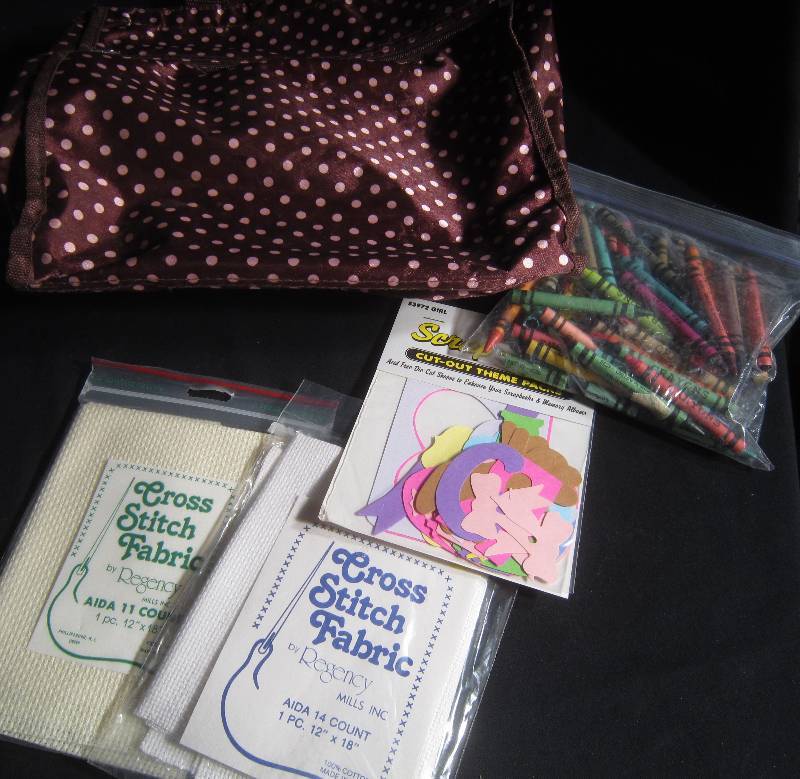 LOT - Polka Dot Bag, NEW Scrapbook Cutouts, NEW 2 Cross Stitch Fabric & Crayons