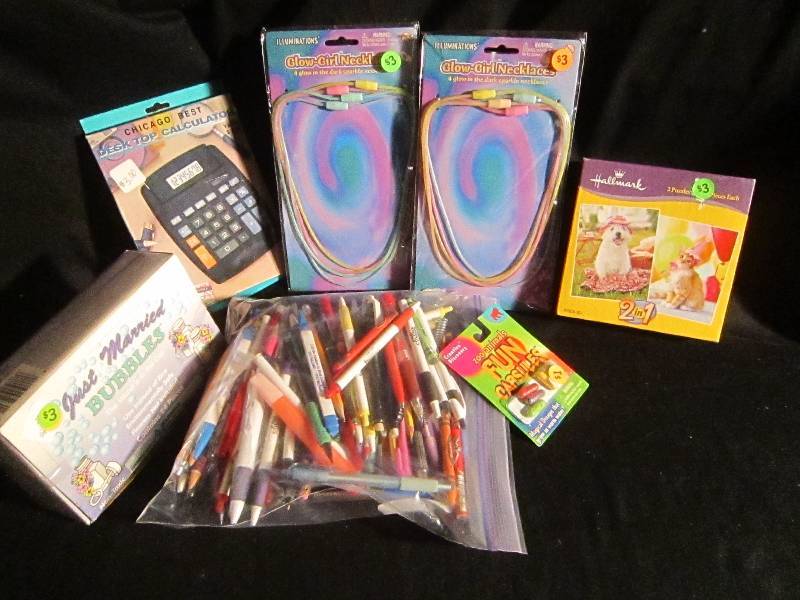 LOT - Bubbles, NEW Necklaces, NEW Puzzle, Lot of Pens, NEW Calculator