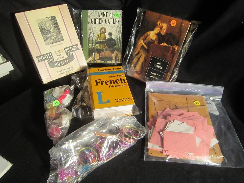 LOT - Misc Books, Stencils Hair Binders, Puzzle, French Dictionary