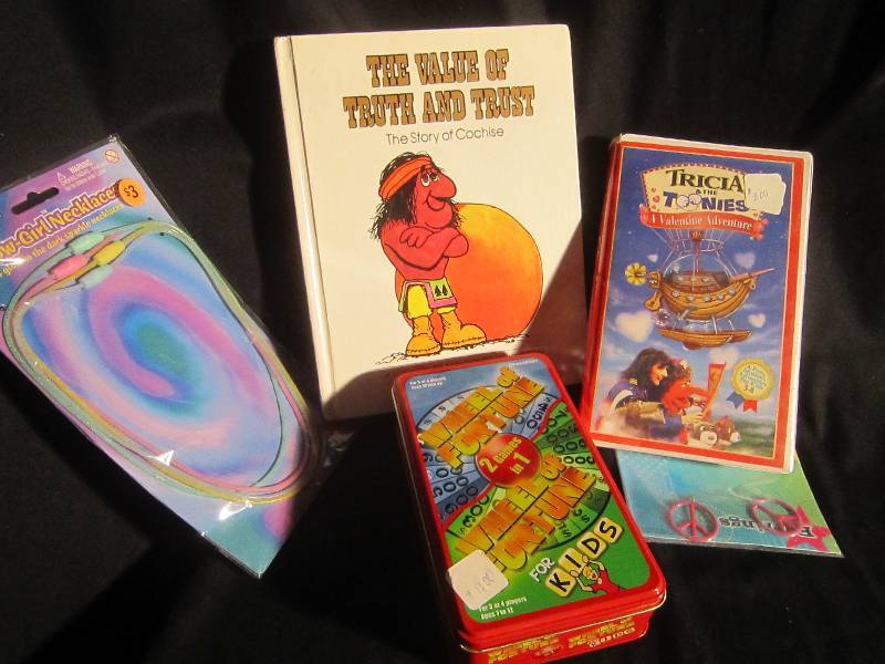 LOT - Peace Earrings, Wheel of Fortune Game, Book, Necklace, VHS