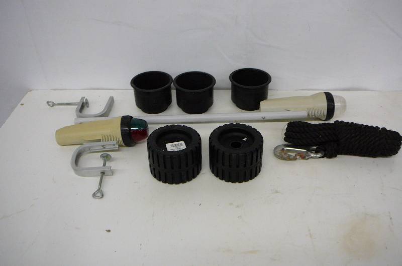 lot 53 image: Boat Accessories, 2- Boat Lights , New Rope, Trailer Rollers 3l x 4 14 dia 2new Cup holders 3